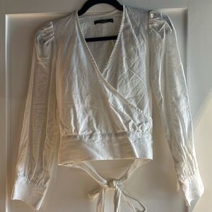 Deluc long sleeve cropped linen wrap shirt